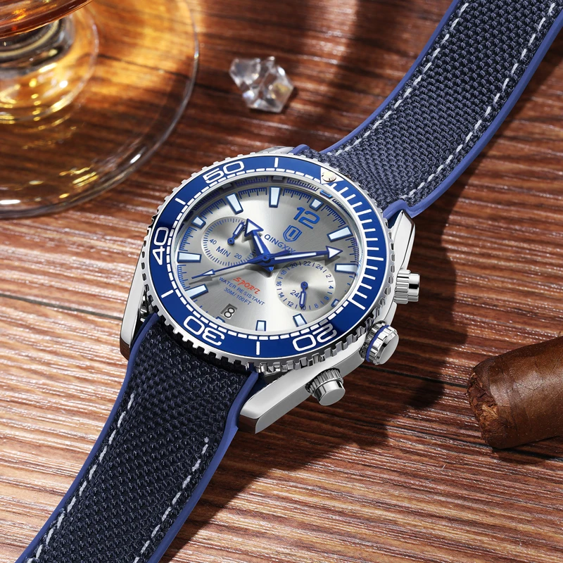 QINGXIYA Brand Luxury Multifunctional Quartz Watch Men Silicone Strap Waterproof Luminous Chronograph Watches Mens Sports Watch