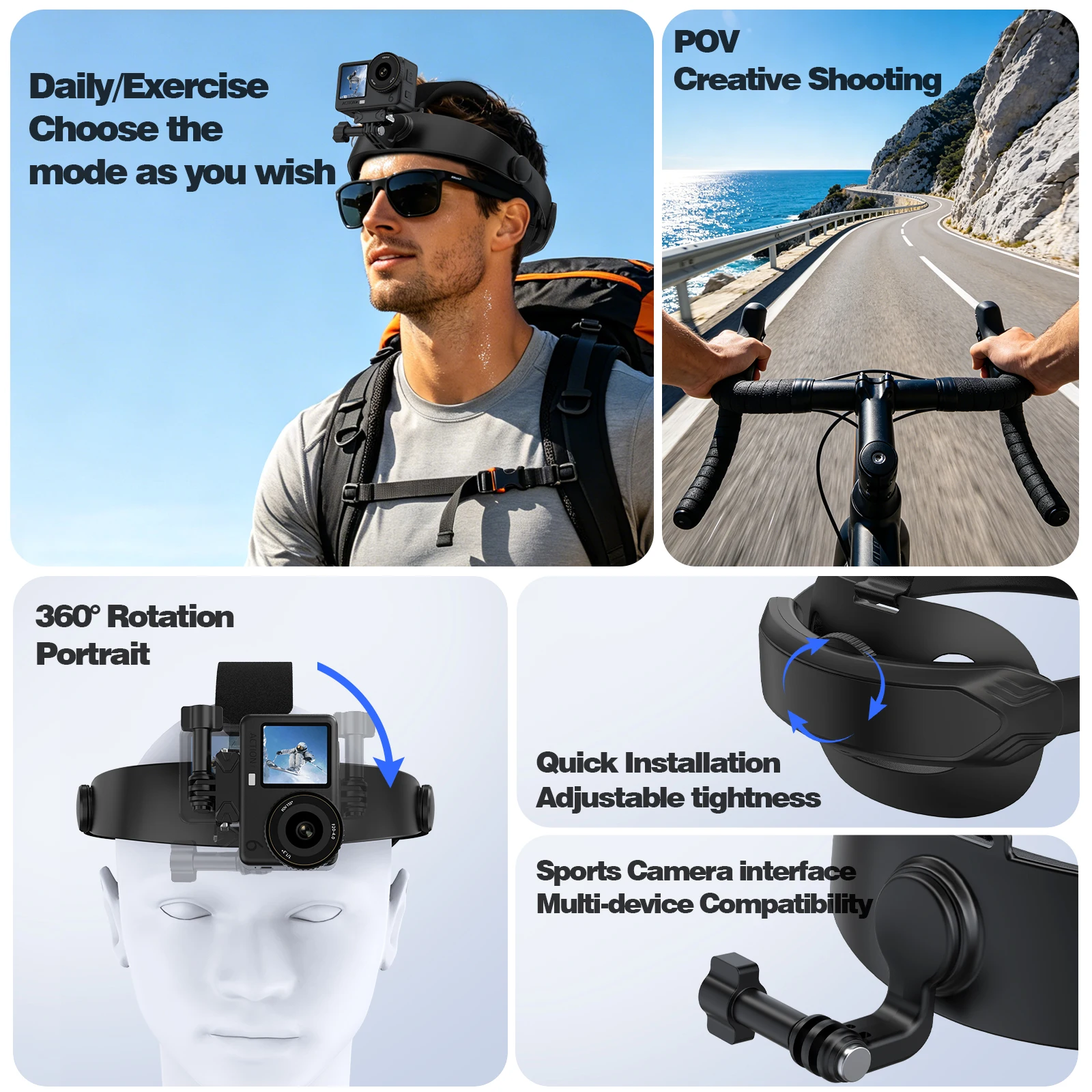 Adjustable Head Strap Mount for DJI Action 6/5Pro/4/3, Osmo Nano/360, Insta360 X5, Phone - POV Camera Holder for Outdoor Sports