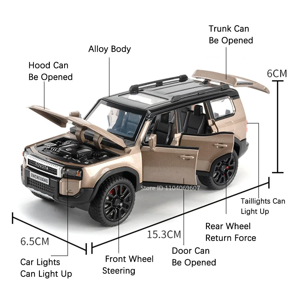 1:32 Prado SUV Car Model Toys Alloy Die-casting Pull Back 6 Doors Opened Sound Light Off-road Vehicle Gifts for Kids Collection
