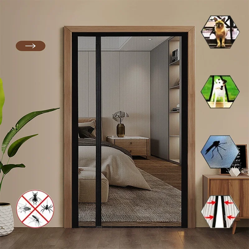Black Side Opening Mosquito Proof Door Curtain, Magnetic Suction Design, Invisible Mosquito Proof, Self Installing Without Punch