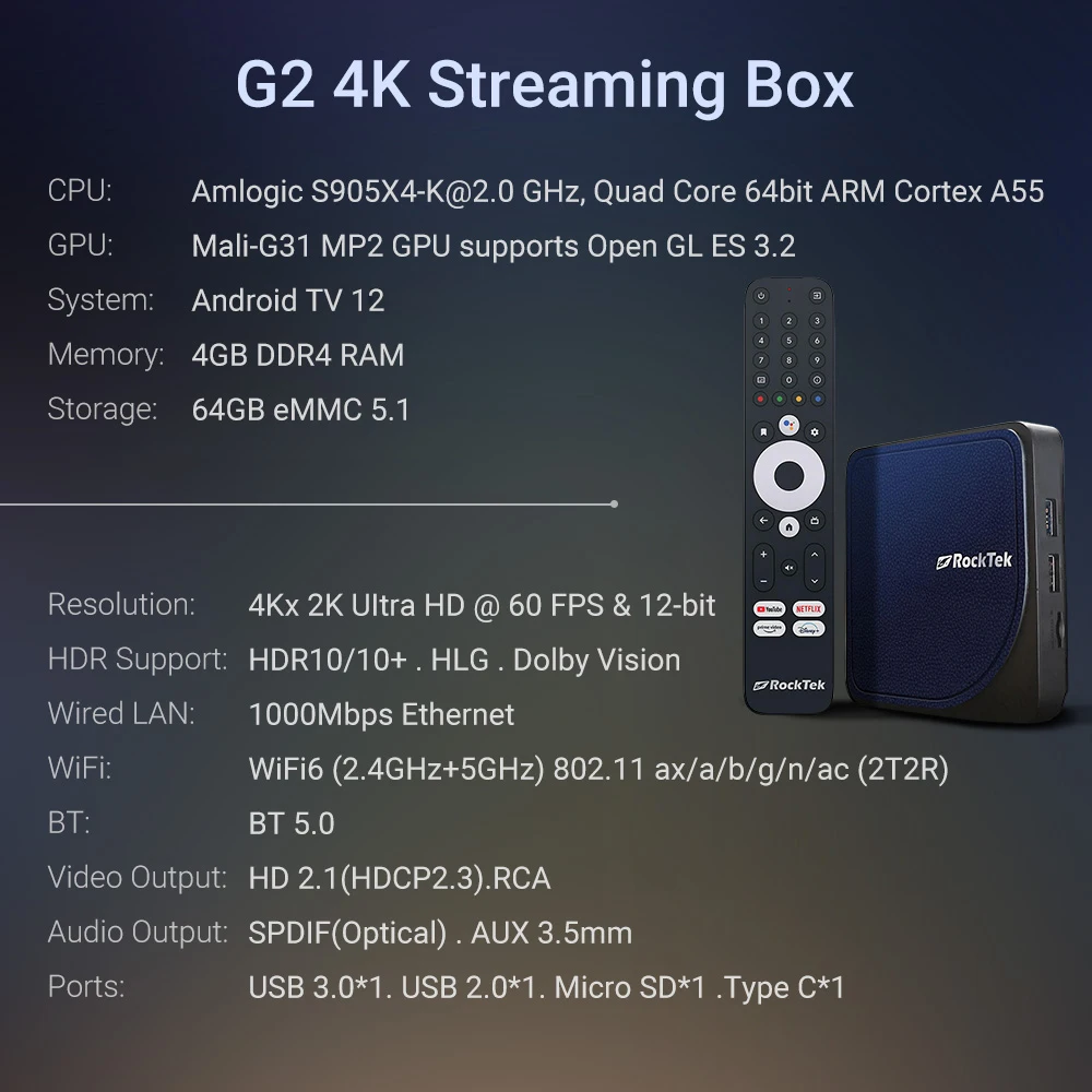 RockTek G2 NEXT S905X5M-J Google TV BOX Netflix Google Certified G2 Amlogic S905X4-K 4G 64G Support DTS Dolby Audio Dolby Vision