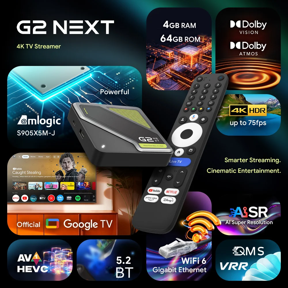 RockTek G2 NEXT S905X5M-J Google TV BOX Netflix Google Certified G2 Amlogic S905X4-K 4G 64G Support DTS Dolby Audio Dolby Vision