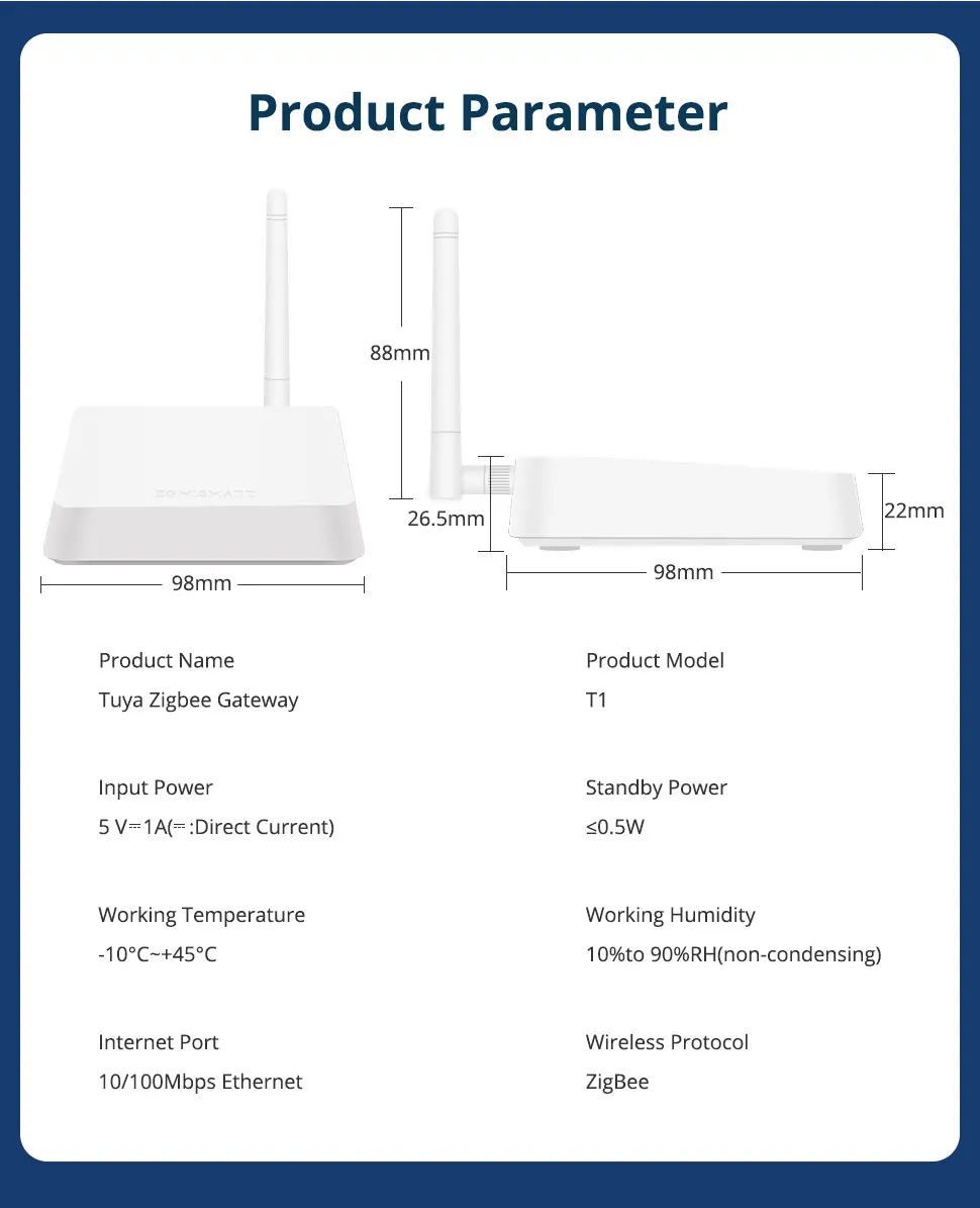 Zemismart Zigbee Hub with Antenna Smart Home Bridge Wired Gateway with Network Cable Work with Tuya Smart Life App