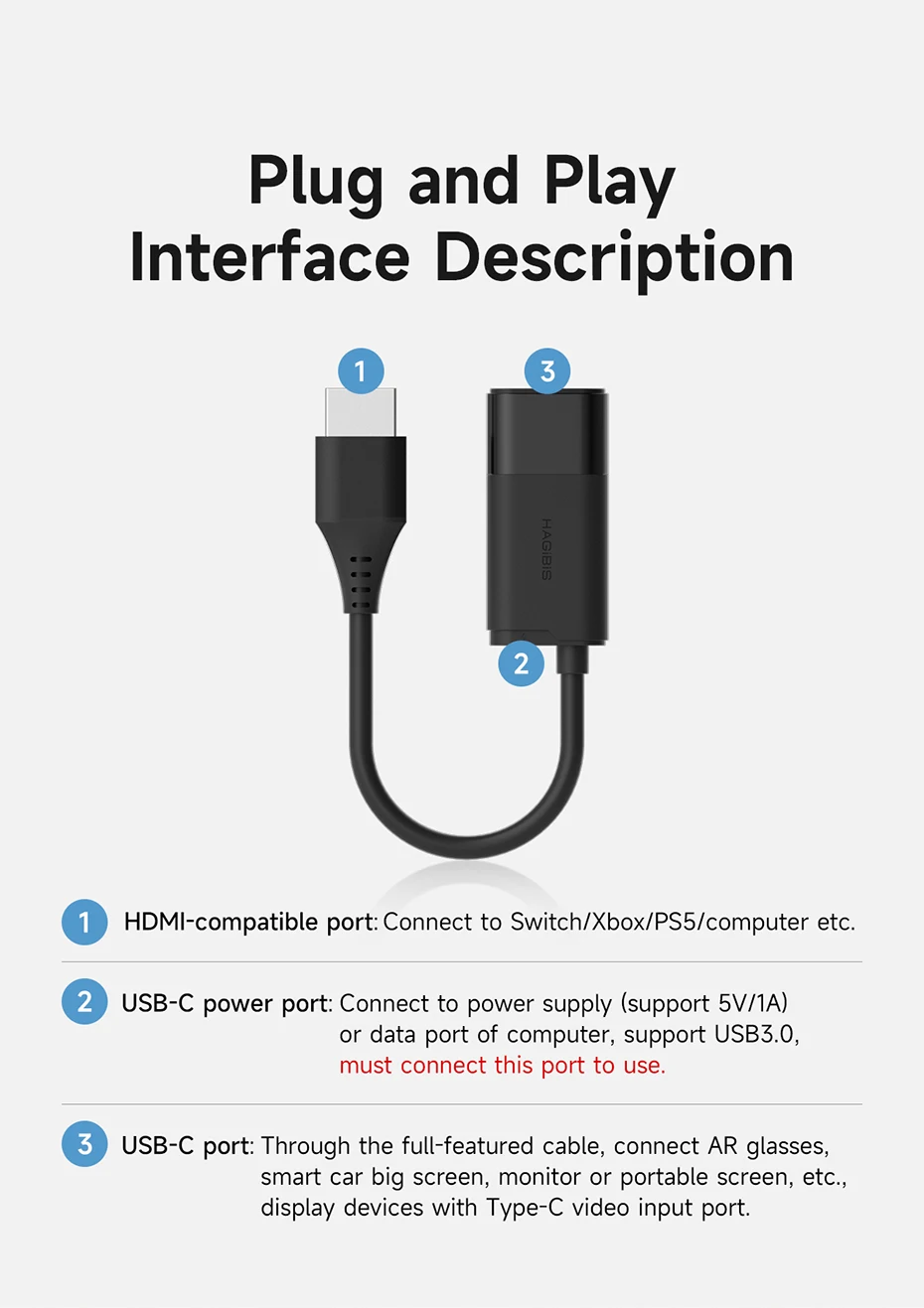 Hagibis HDMI to USB C Female Converter HDMI to AR Glasses Adapter Charge and Play For Switch PS5 Xbox Rokid/Xreal/Thunderbird