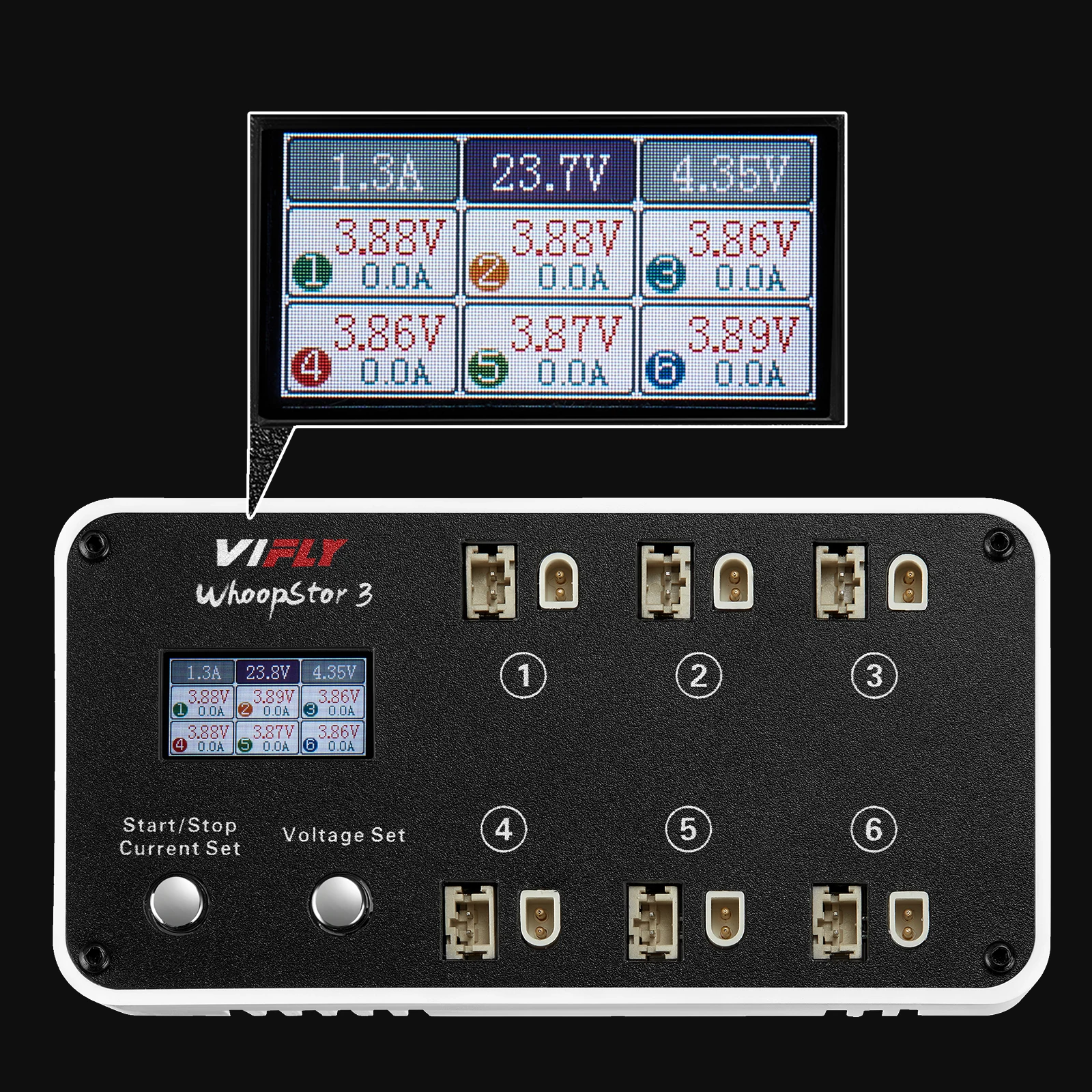 VIFLY WhoopStor 3 V3 Charger 6 Ports 1S LIPO LiHV Battery Charger Discharger Storage LCD TYPE-C DC TX60 For RC FPV BT2.0 PH2.0