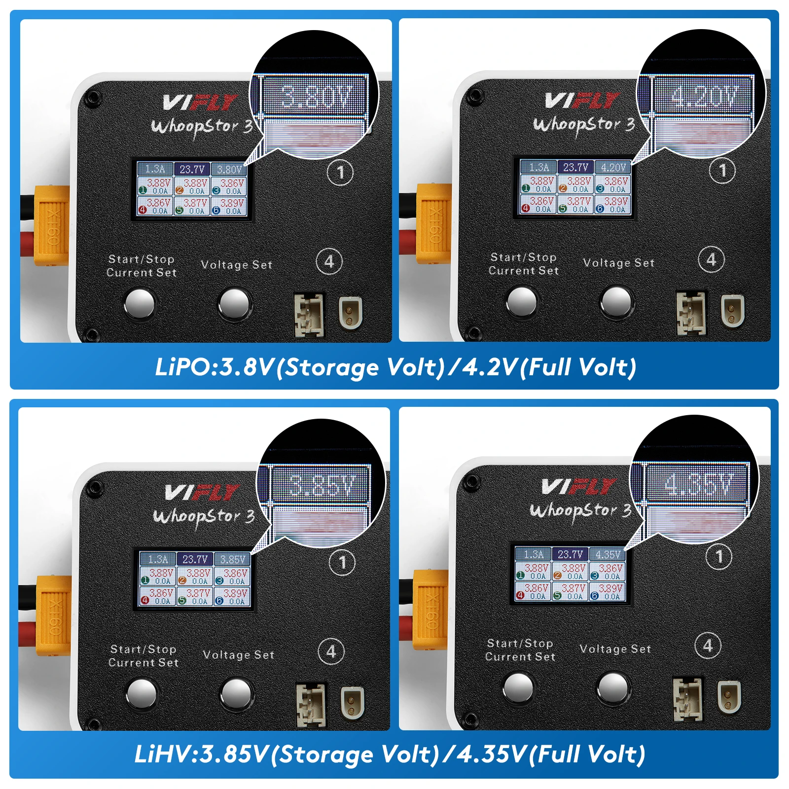 VIFLY WhoopStor 3 V3 Charger 6 Ports 1S LIPO LiHV Battery Charger Discharger Storage LCD TYPE-C DC TX60 For RC FPV BT2.0 PH2.0