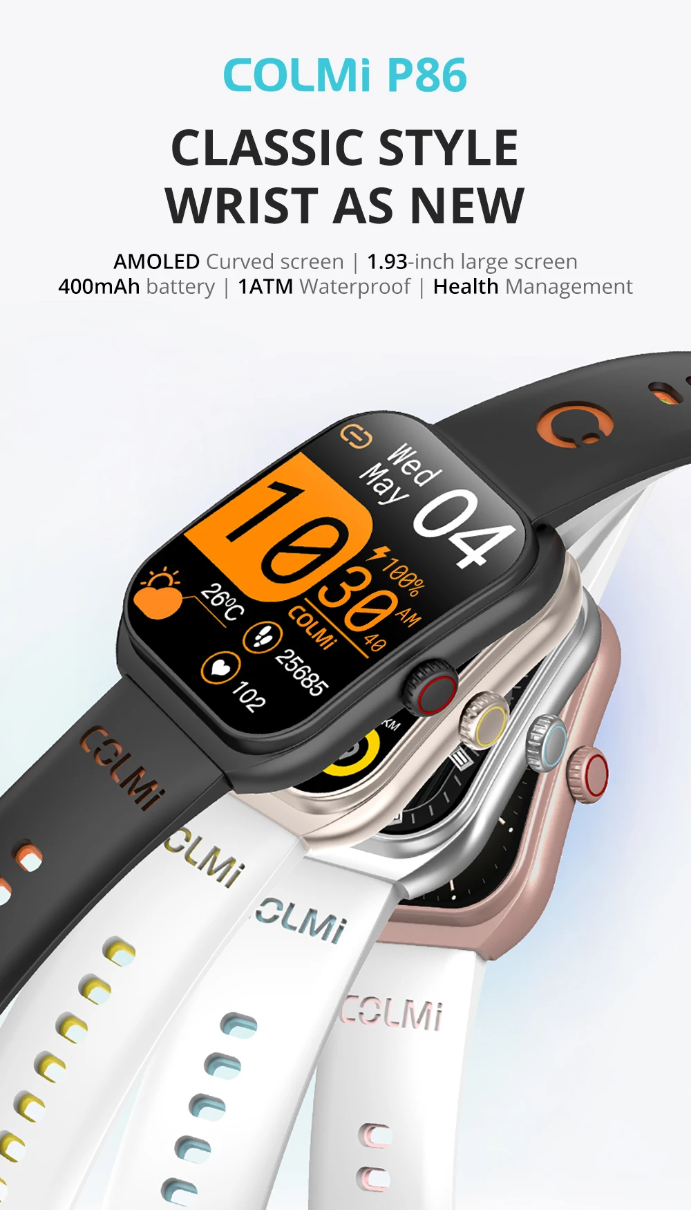 New COLMI P86 1.93" AMOLED Smartwatch Men Health Manager Bluetooth Call IP68 Waterproof Smart Watch Women For Xiaomi iOS Phone