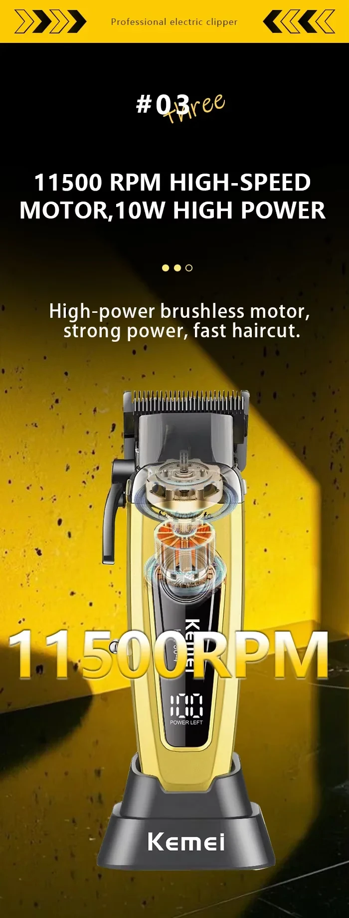 Kemei KM-90-4 Professional 11500 RPM Hair Clipper for Barbers Rechargeable Trimmers Brushless Motor Hair Cutting Machine for Men