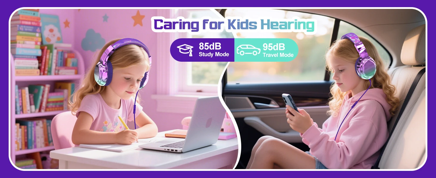 Kids Headphones Wired for School 85/94dB Volume Limiter Foldable Stereo Sound Headset with Mic for Kids Girls Learning Tablet PC