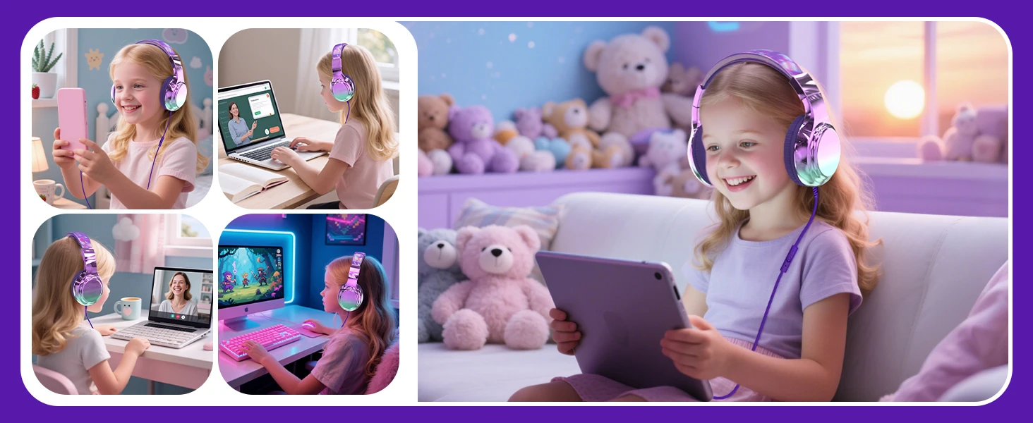 Kids Headphones Wired for School 85/94dB Volume Limiter Foldable Stereo Sound Headset with Mic for Kids Girls Learning Tablet PC