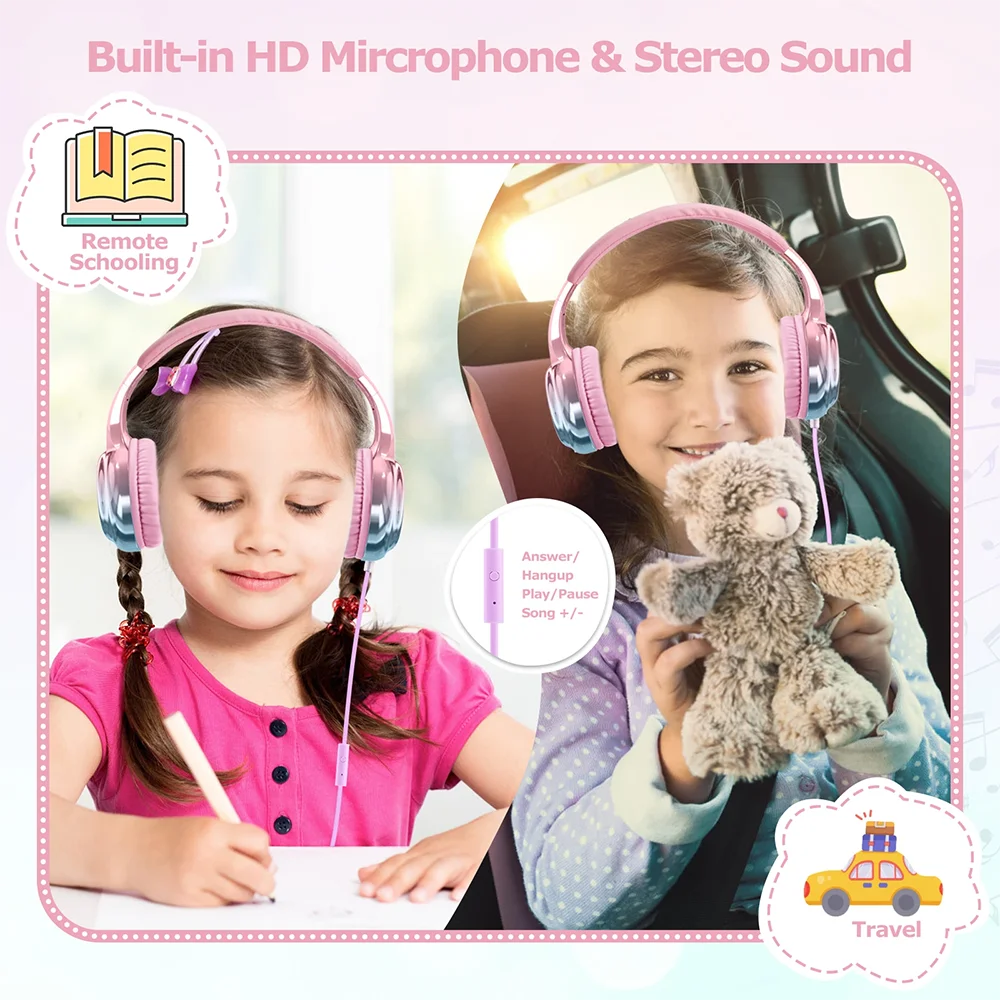 Kids Headphones Wired for School 85/94dB Volume Limiter Foldable Stereo Sound Headset with Mic for Kids Girls Learning Tablet PC
