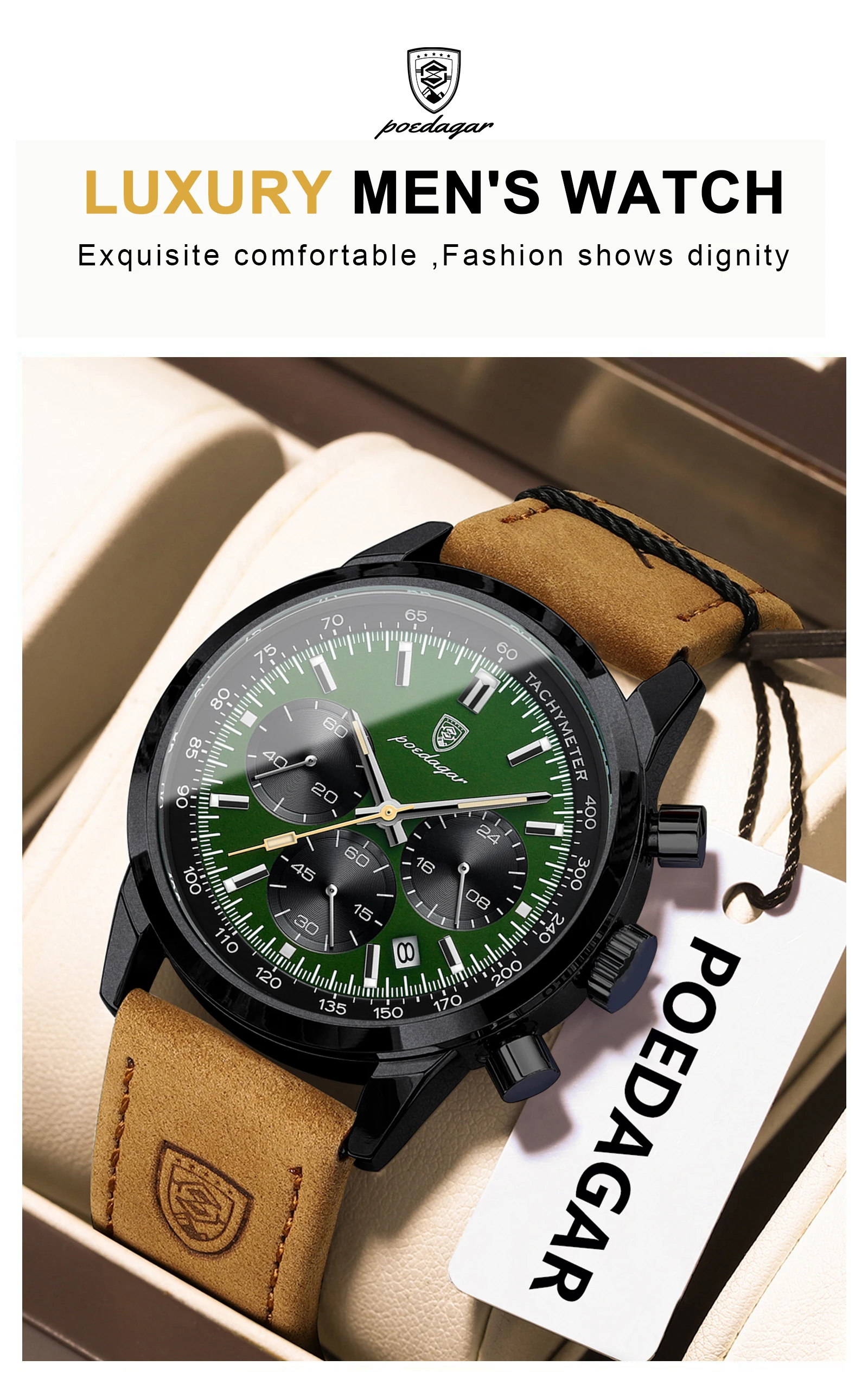 POEDAGAR Fashion Sport Wristwatch For Men Waterproof Luminous Chronograph Military Man Watch Leather Luxury Quartz Men's Watches
