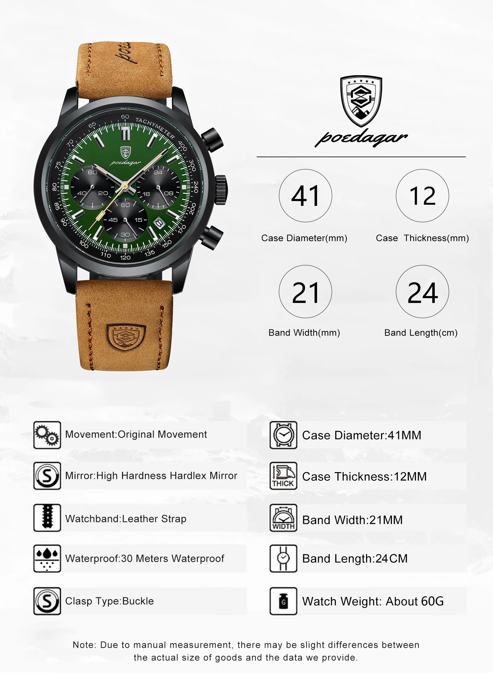 POEDAGAR Fashion Sport Wristwatch For Men Waterproof Luminous Chronograph Military Man Watch Leather Luxury Quartz Men's Watches