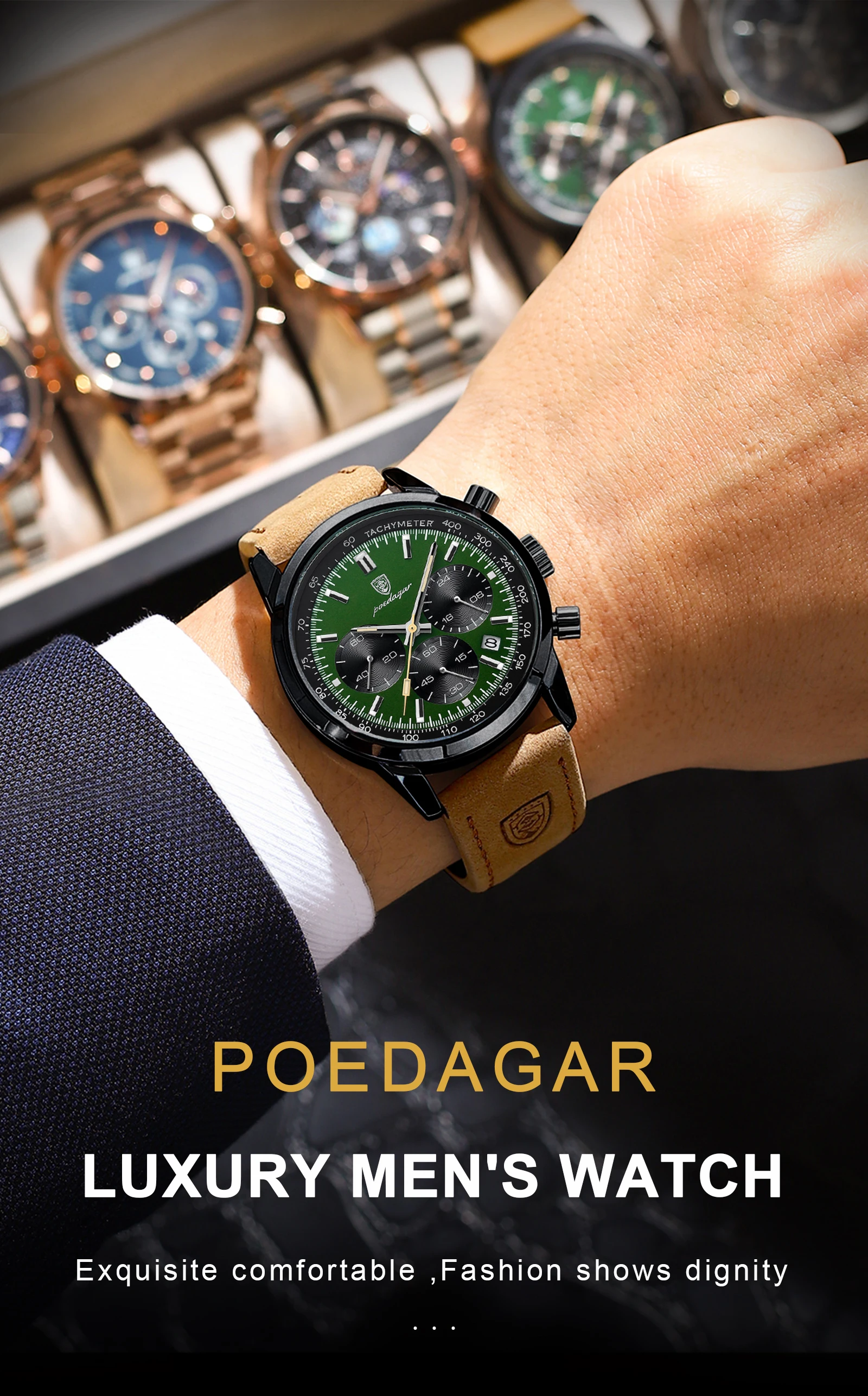 POEDAGAR Fashion Sport Wristwatch For Men Waterproof Luminous Chronograph Military Man Watch Leather Luxury Quartz Men's Watches
