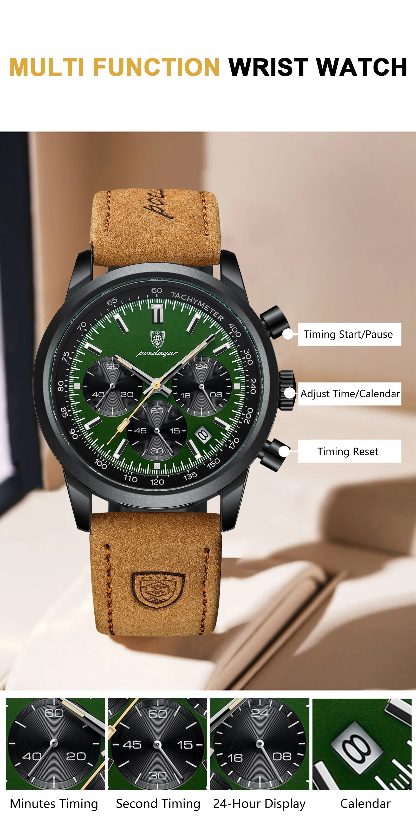 POEDAGAR Fashion Sport Wristwatch For Men Waterproof Luminous Chronograph Military Man Watch Leather Luxury Quartz Men's Watches