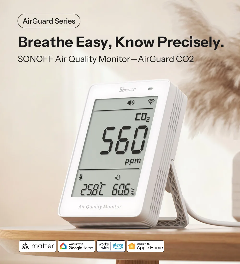 SONOFF AirGuard CO2 Matter Over WiFi Air Quality Monitor SAWF-08P Temperature Humidity Meter Sound & Light Alarm Historical Data