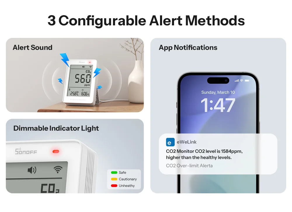 SONOFF AirGuard CO2 Matter Over WiFi Air Quality Monitor SAWF-08P Temperature Humidity Meter Sound & Light Alarm Historical Data
