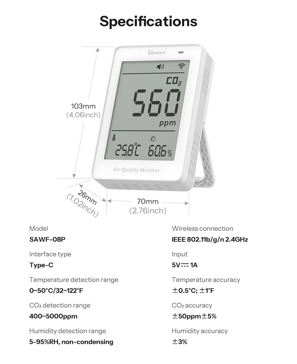 SONOFF AirGuard CO2 Matter Over WiFi Air Quality Monitor SAWF-08P Temperature Humidity Meter Sound & Light Alarm Historical Data