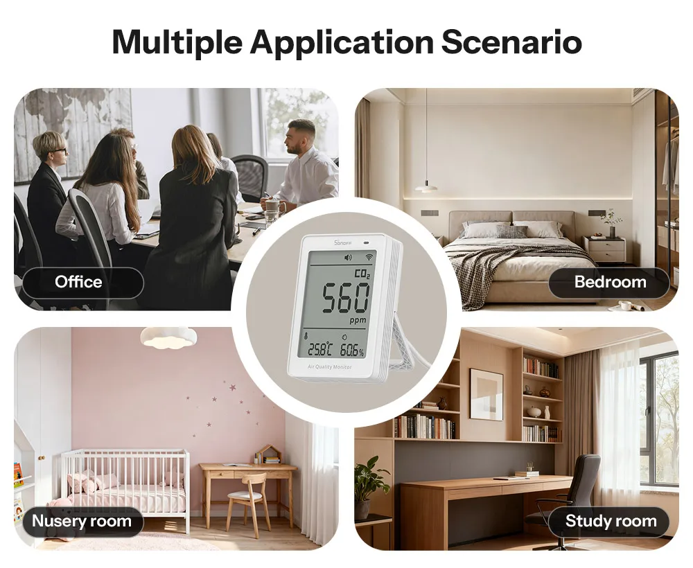 SONOFF AirGuard CO2 Matter Over WiFi Air Quality Monitor SAWF-08P Temperature Humidity Meter Sound & Light Alarm Historical Data