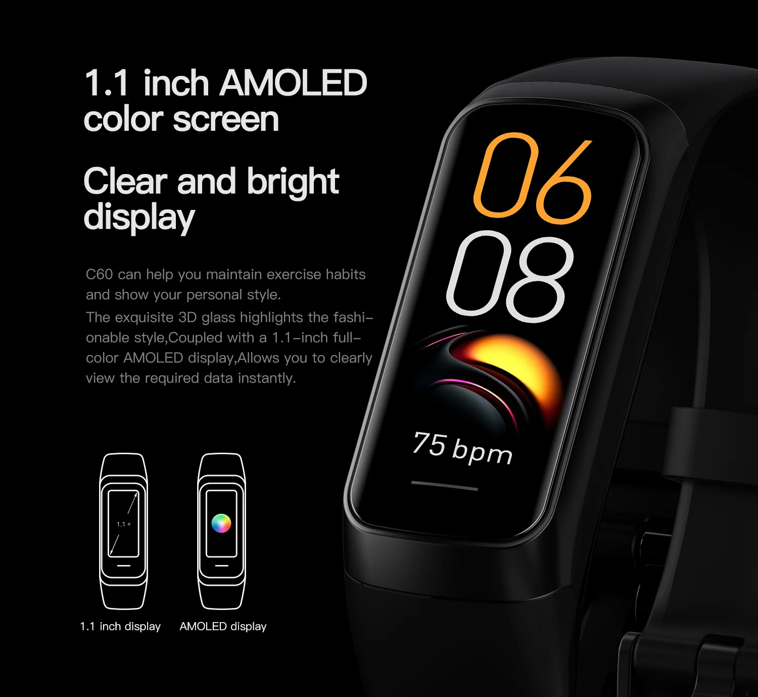 LIGE 1.1 Inch Amoled Heart Rate Monitor Smart Bracelet Wristband Slim Smart Watch Men Women Waterproof  Fitness Tracker Band