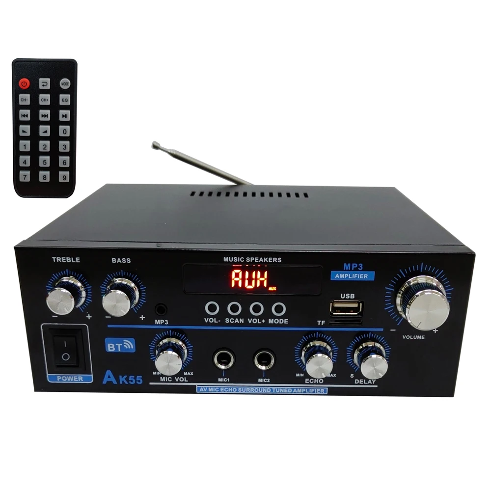 AK55 Amplifier Bluetooth-compatible Music Amplifiers for Home Car Karaoke 2 Channel HiFi Stereo AMP FM USB Remote Control Audio