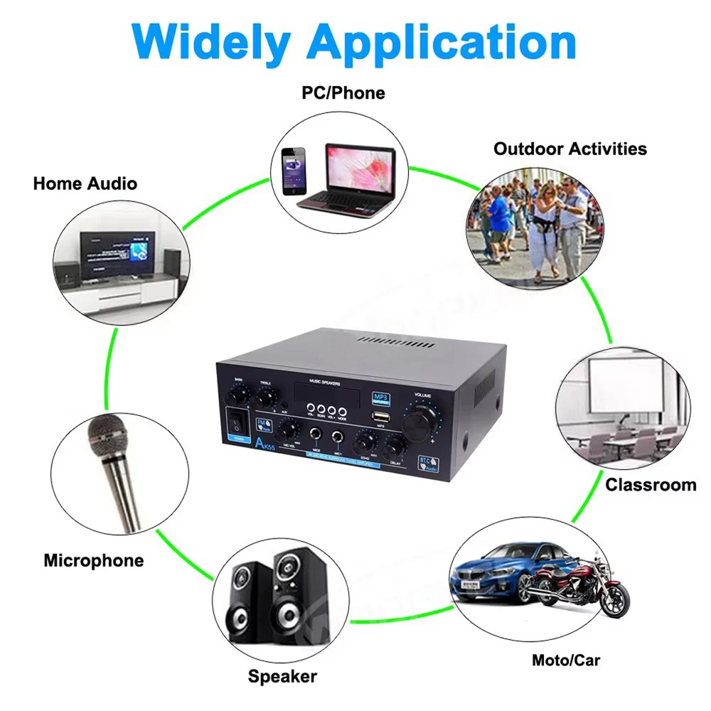 AK55 Amplifier Bluetooth-compatible Music Amplifiers for Home Car Karaoke 2 Channel HiFi Stereo AMP FM USB Remote Control Audio