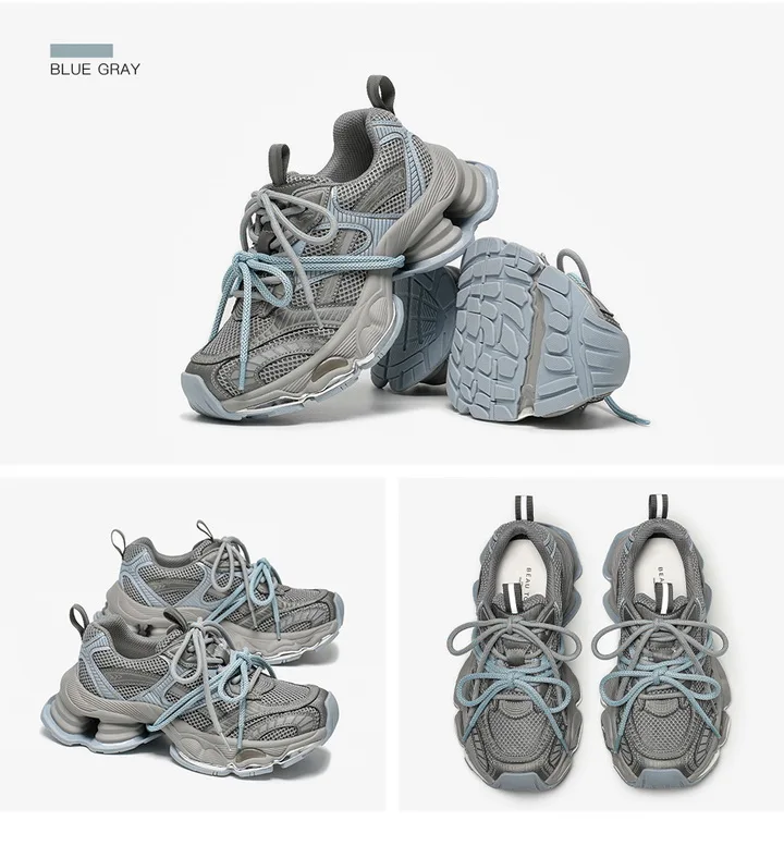 BEAUTODAY Chunky Sneakers Women Synthetic Leather Mesh Mixed Color Round Toe Lace-Up Sports Trainer Ladies Shoes Handmade 29A51