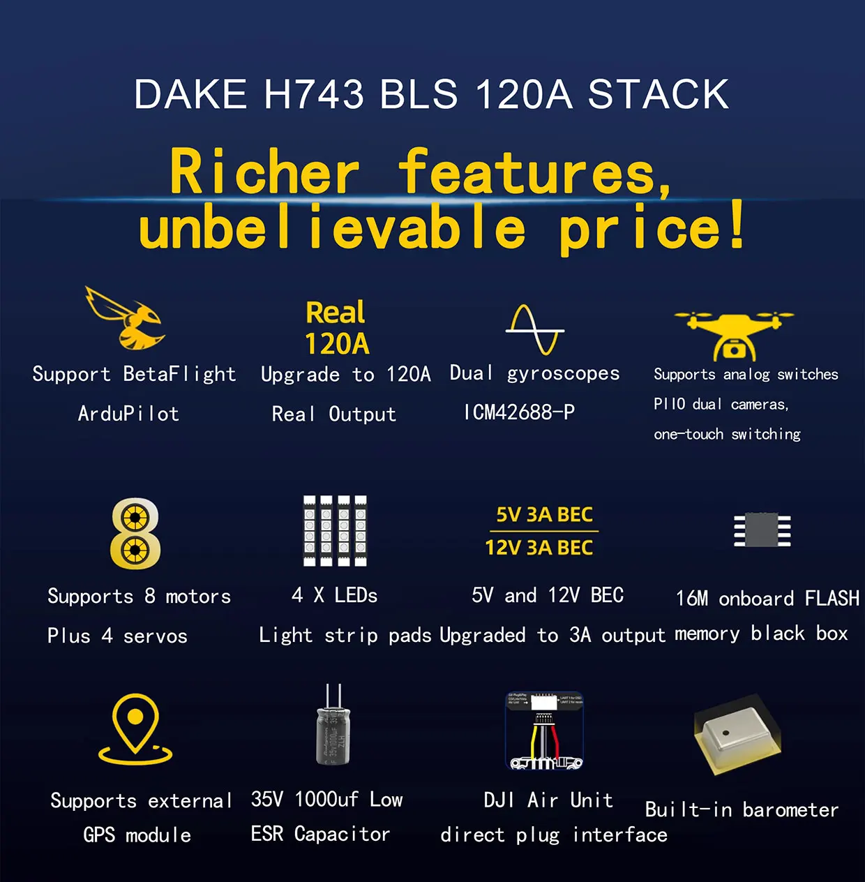 DAKEFPV H743 12S 120A FC 8S 100A BLS Bluejay ESC H743 Flight Controller Powerful RC Stack for 10 13 15 18inch FPV Racing Drone