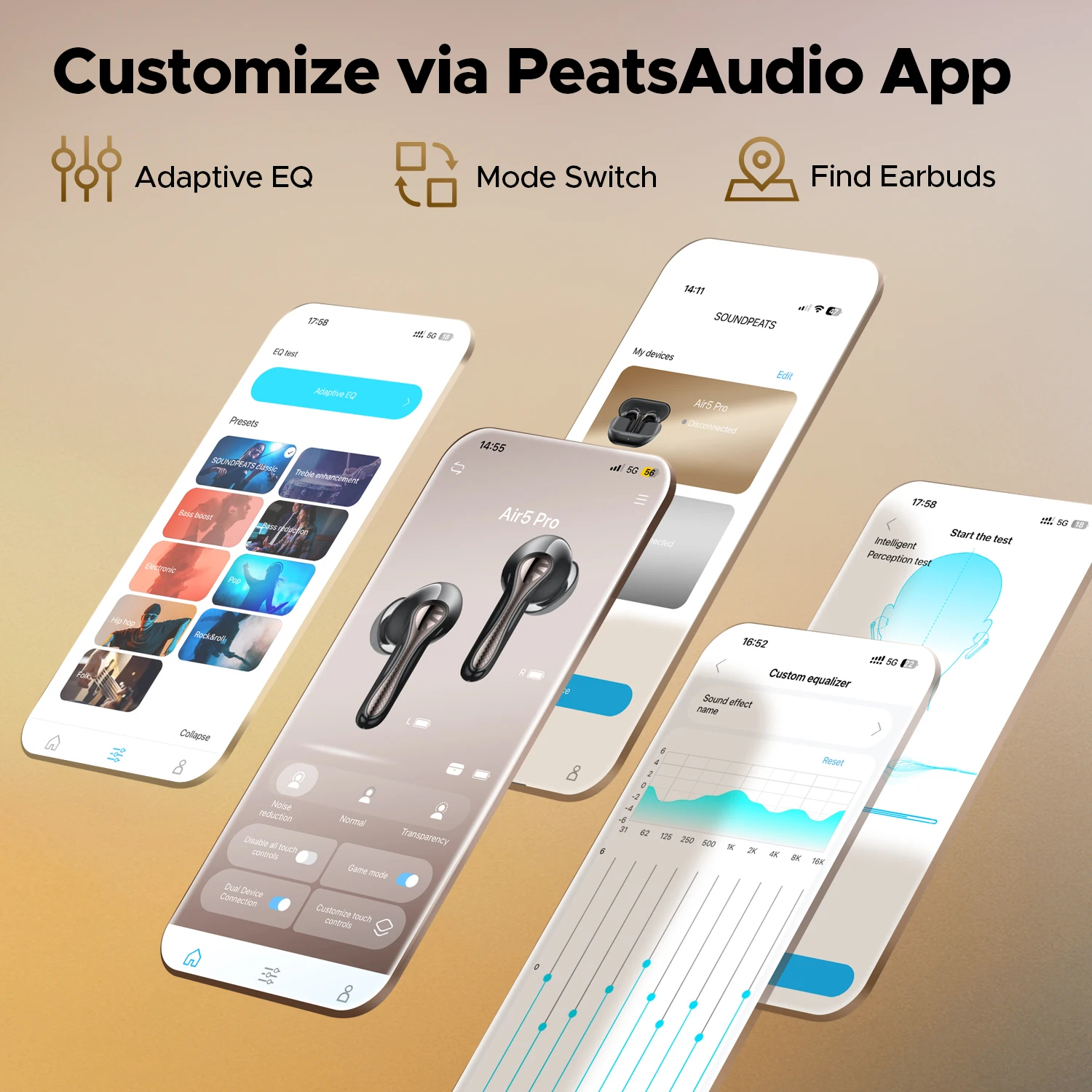 SOUNDPEATS Air5 Pro Wireless Earphones 55 dB Adaptive Hybrid ANC Bluetooth 5.4 Earbuds, Hi-Res LDAC AptX Lossless,6 Mics AI ENC
