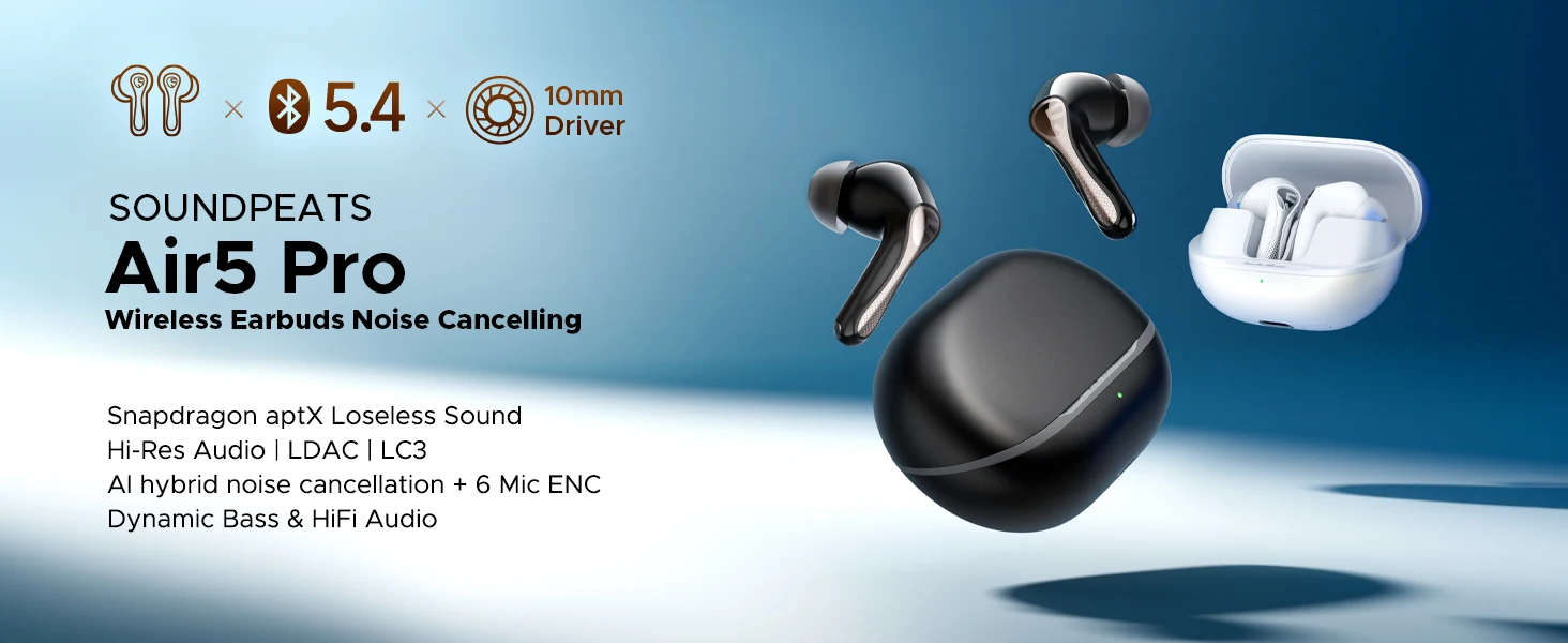 SOUNDPEATS Air5 Pro Wireless Earphones 55 dB Adaptive Hybrid ANC Bluetooth 5.4 Earbuds, Hi-Res LDAC AptX Lossless,6 Mics AI ENC
