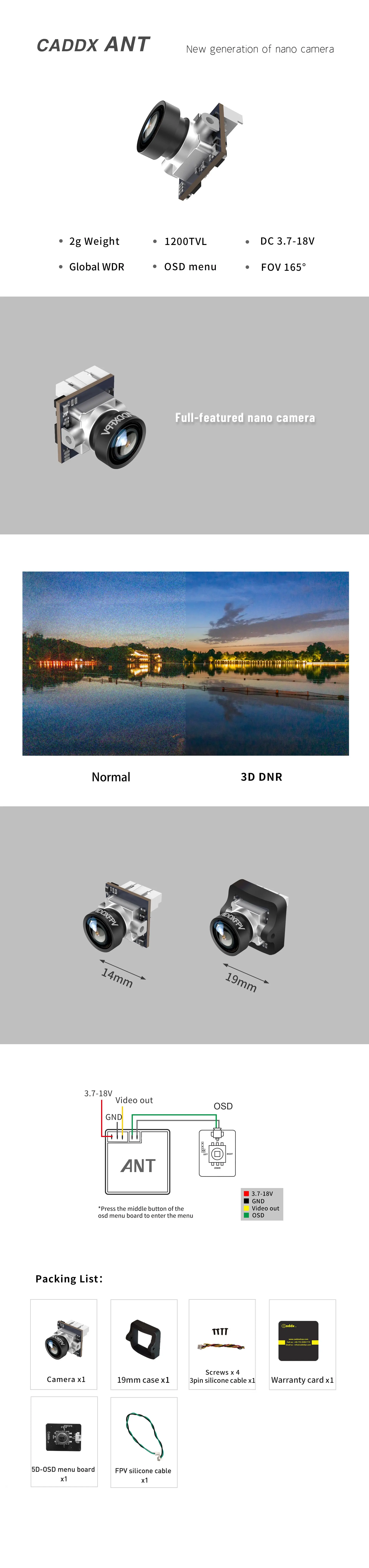 CADDX ANT Nano 1200TVL Global WDR OSD 1.8mm Ultra Light Camera 16:9 4:3 for FPV Tinywhoop Cinewhoop Toothpick Mobula6