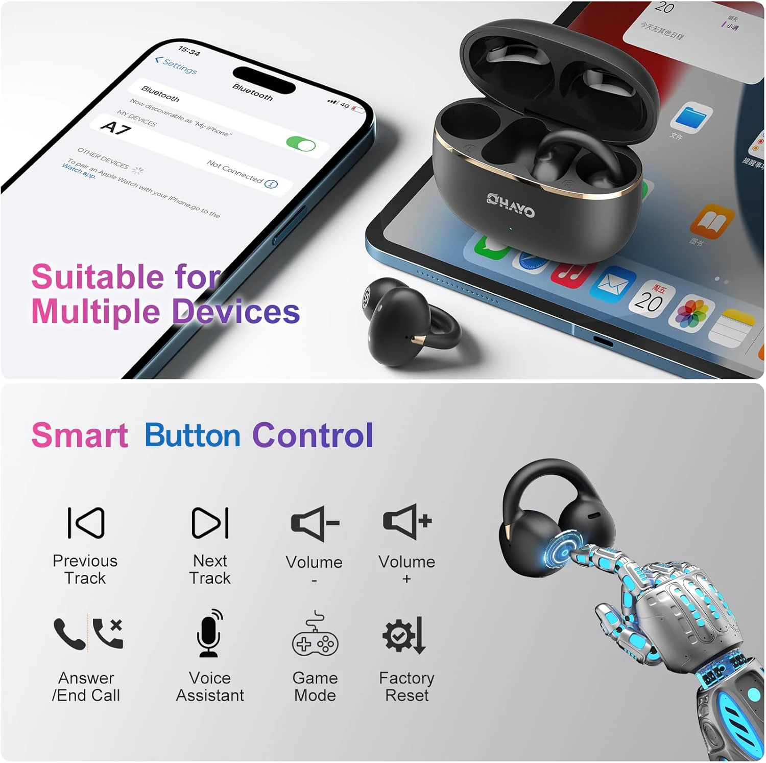 Ortizan OHAYO-A7 Clip On Earbuds, Lightweight Comfort Open Ear Headphones, Wireless Sports Headphones with ENC AI 4 Mics Calls
