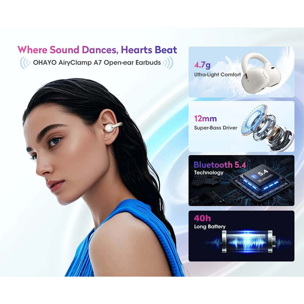 Ortizan OHAYO-A7 Clip On Earbuds, Lightweight Comfort Open Ear Headphones, Wireless Sports Headphones with ENC AI 4 Mics Calls