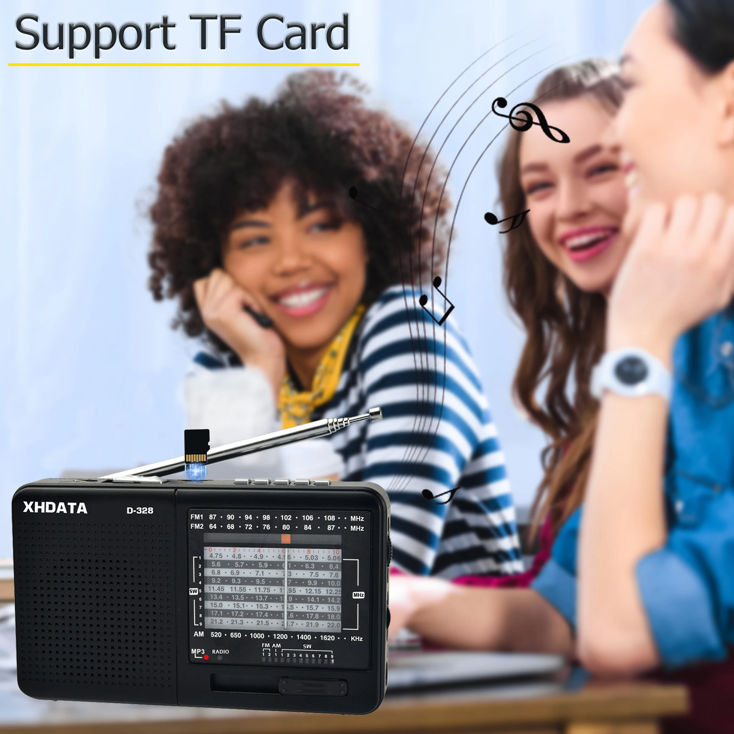 XHDATA D-328 12-Band Portable Radio AM/FM/SW DSP Technology MP3 Player TF Card Slot USB Mini FM Receiver with Bluetooth Radio