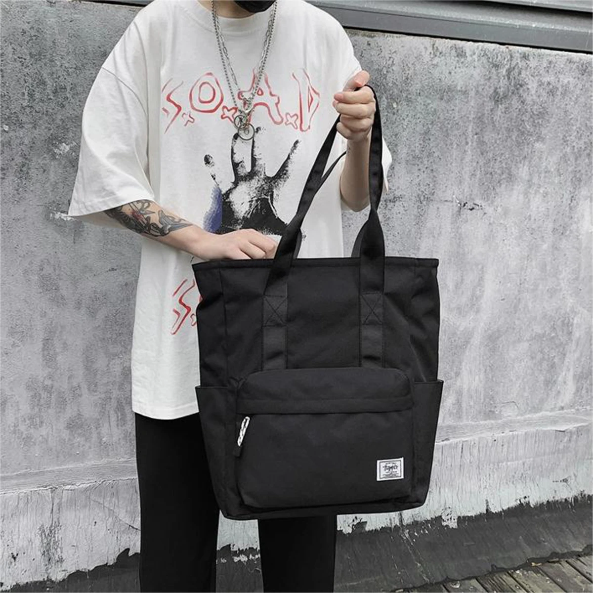 Large Capacity Canvas Tote Bag, Casual Shoulder Handbag, Multi-Pocket School Book Bag, Waterproof Commuter Bag for Men Women