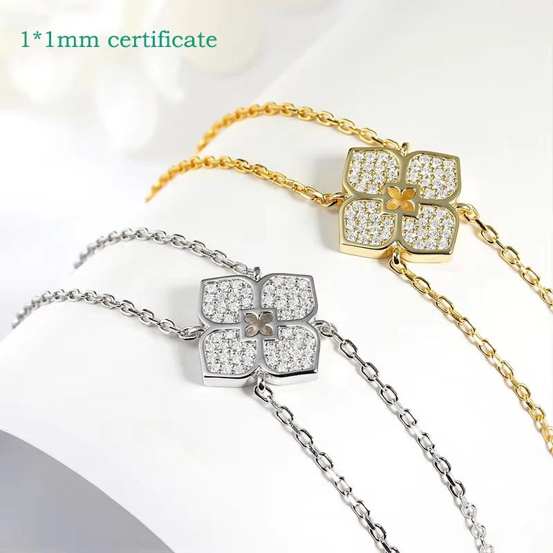 Smyoue Full Moissanite Necklaces Sparkling Flowers Long Chain Wedding Girls Gift Lab Diamond Pendant 925 Sterling Silver Jewelry
