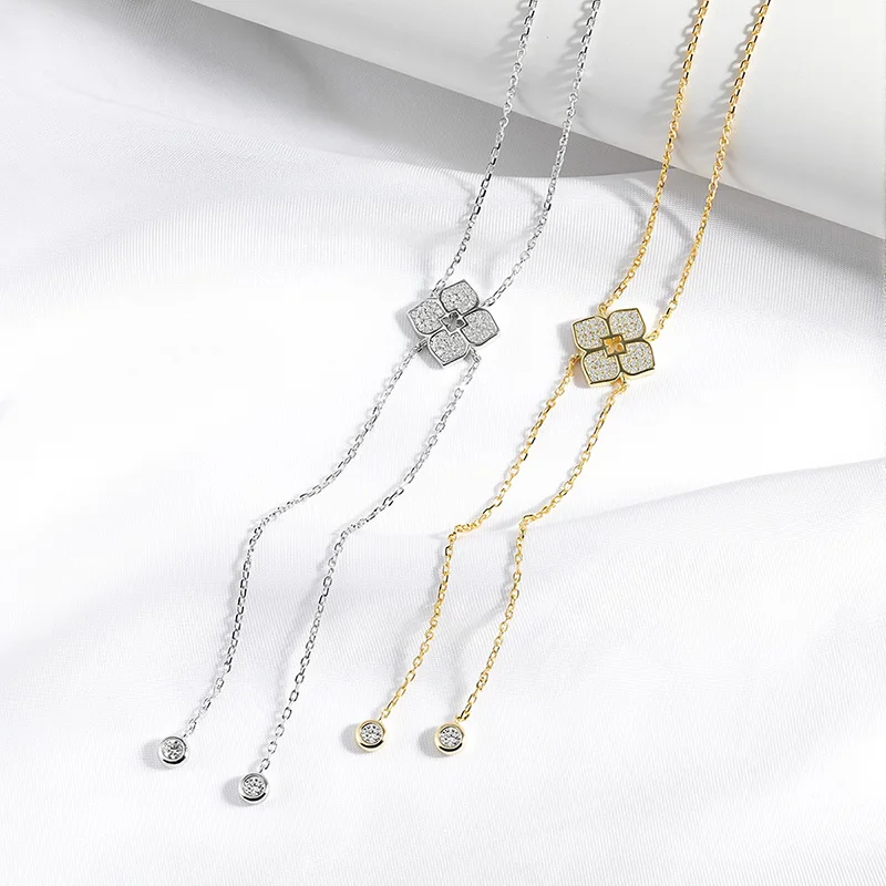 Smyoue Full Moissanite Necklaces Sparkling Flowers Long Chain Wedding Girls Gift Lab Diamond Pendant 925 Sterling Silver Jewelry