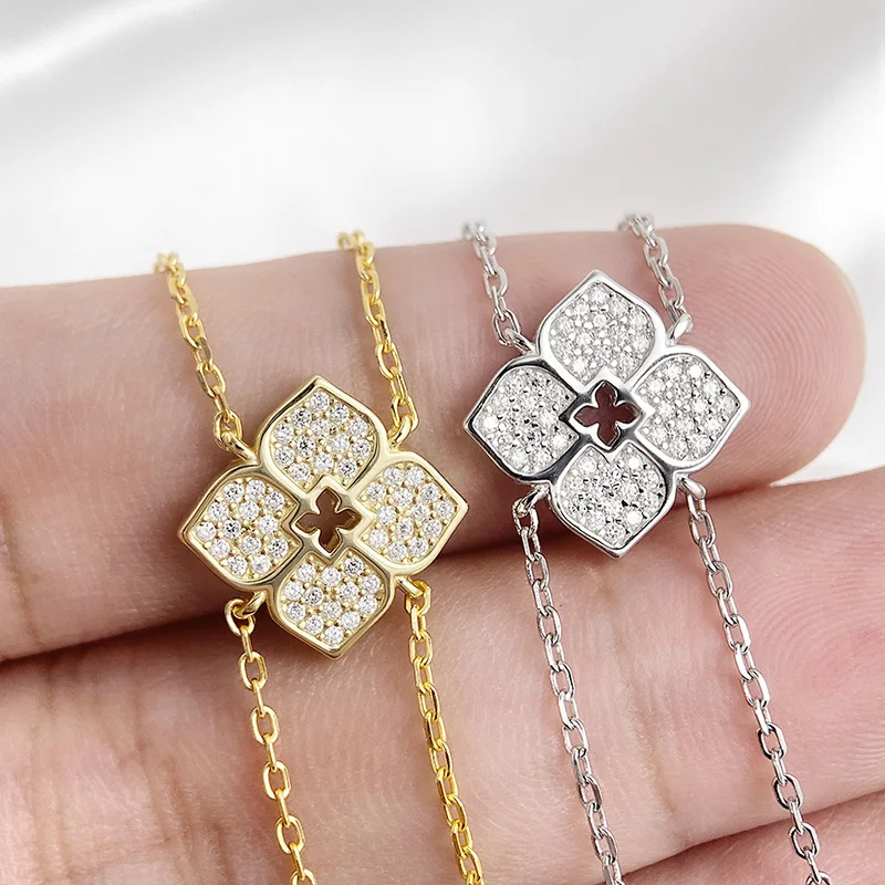 Smyoue Full Moissanite Necklaces Sparkling Flowers Long Chain Wedding Girls Gift Lab Diamond Pendant 925 Sterling Silver Jewelry