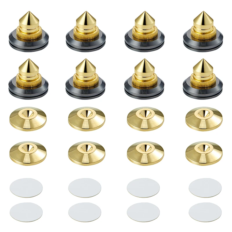Pailvens Loudspeaker Spikes Set of 8 Loudspeaker Feet Height Adjustable Copper Alloy Subwoofer Spikes with 16x Adhesive Pads