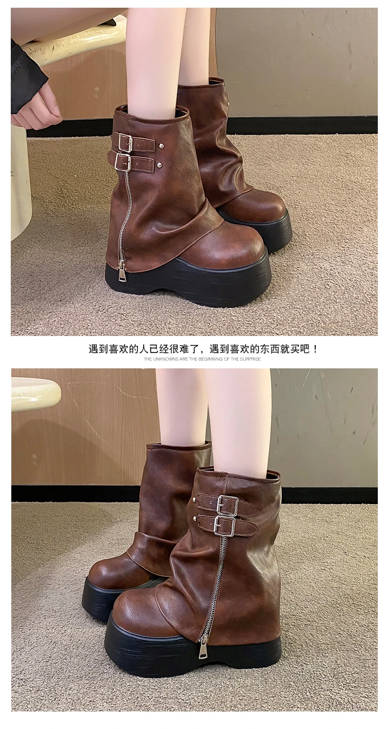Soft Leather Ankle Mid Calf Boots Winter Autumn High Platform Wedge British Booties Woman New Ladies Chunky Motorcycle Boots 9CM