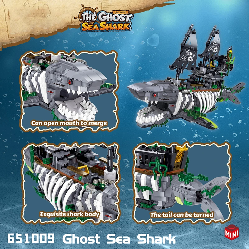 1155PCS Shark Pirate Ship Building Blocks Creative Sea Shark Ghost Ship Model Bricks With Light Educational Toy Gifts For Adult