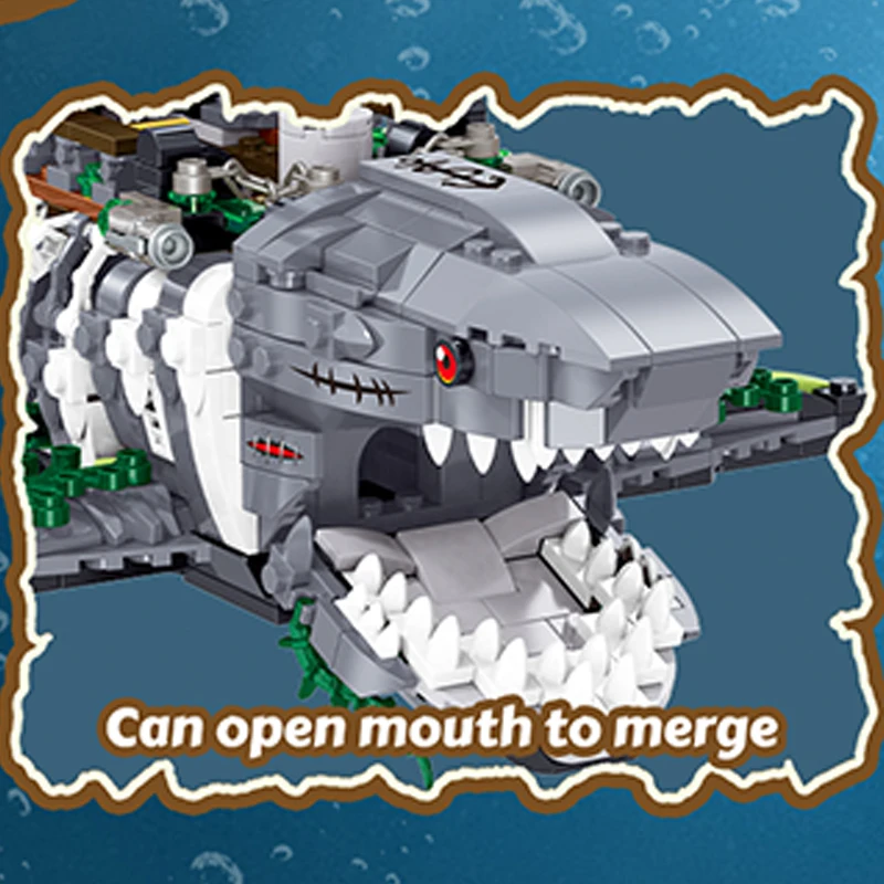 1155PCS Shark Pirate Ship Building Blocks Creative Sea Shark Ghost Ship Model Bricks With Light Educational Toy Gifts For Adult