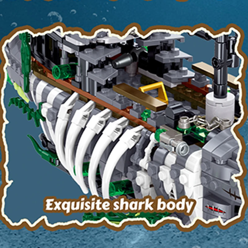 1155PCS Shark Pirate Ship Building Blocks Creative Sea Shark Ghost Ship Model Bricks With Light Educational Toy Gifts For Adult