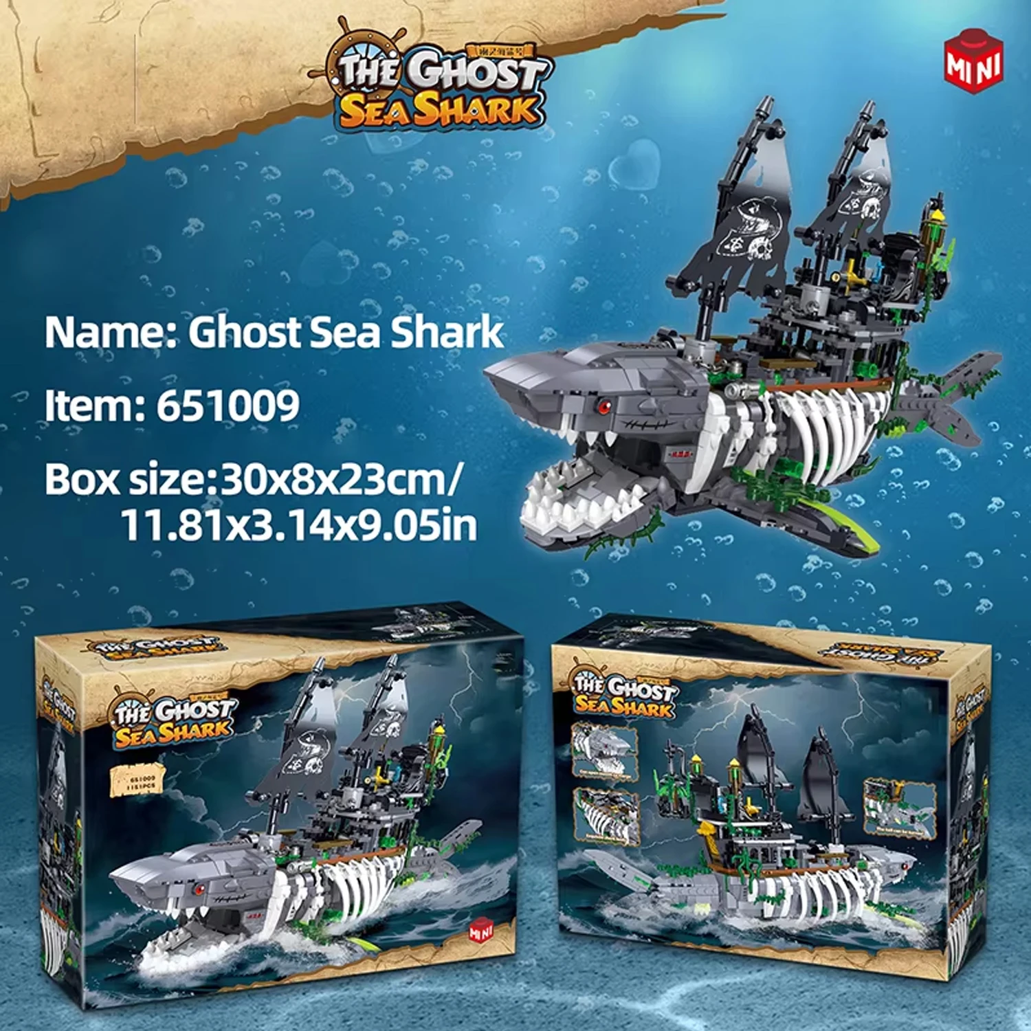 1155PCS Shark Pirate Ship Building Blocks Creative Sea Shark Ghost Ship Model Bricks With Light Educational Toy Gifts For Adult