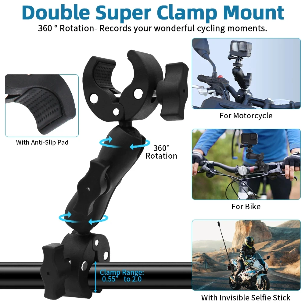Motorcycle Mount Kit for Insta360 X5 X4 X3 X2 RS DJI GoPro Double Clamp Handlebar Selfie Stick for Insta 360 Mount Accessories