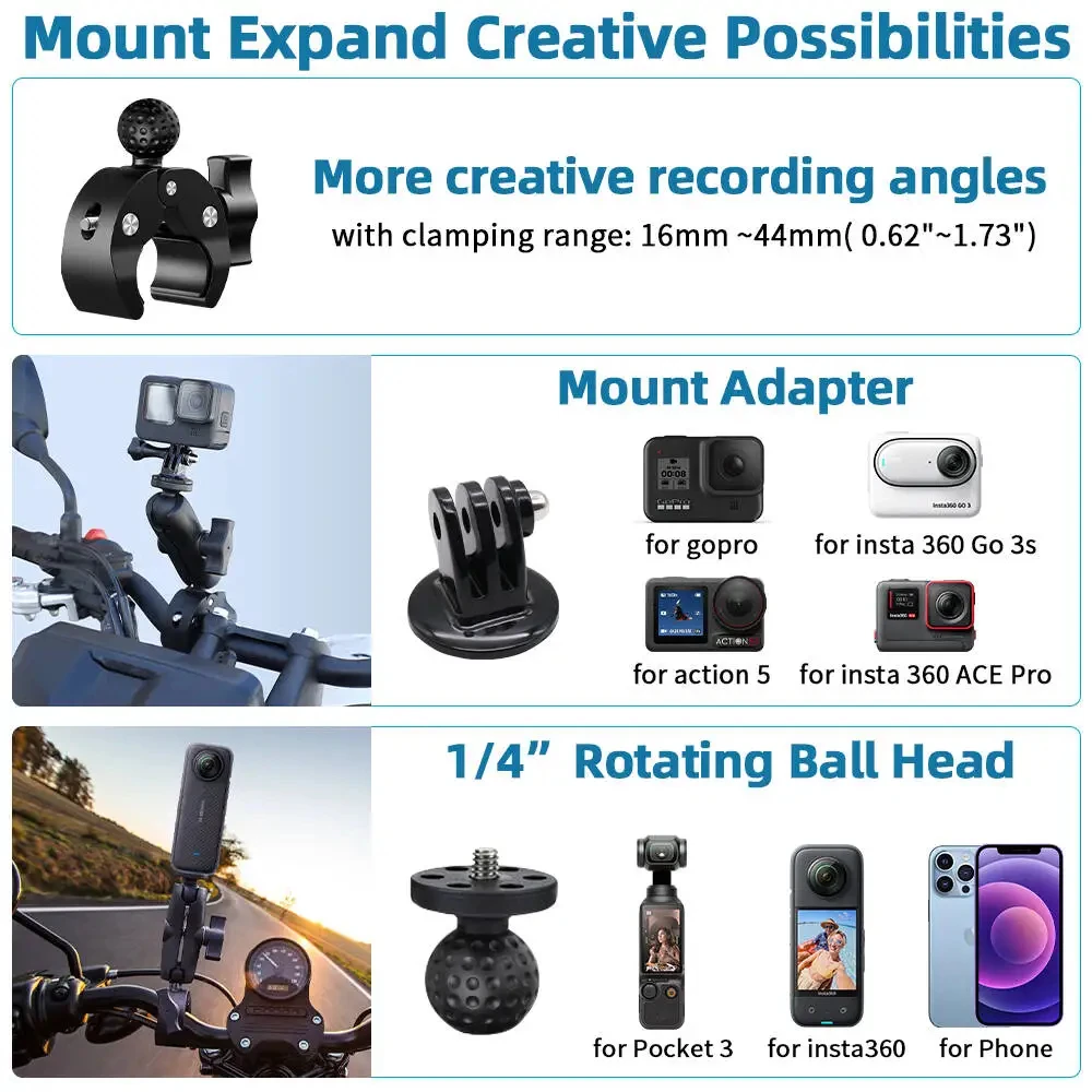 Motorcycle Mount Kit for Insta360 X5 X4 X3 X2 RS DJI GoPro Double Clamp Handlebar Selfie Stick for Insta 360 Mount Accessories