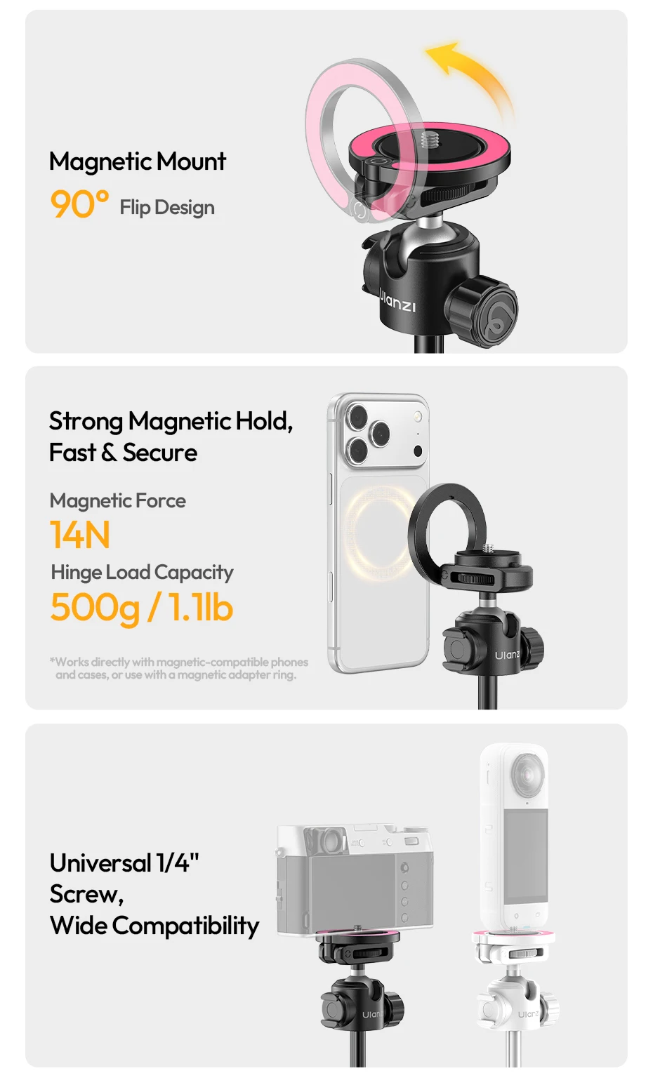 Ulanzi MT-44M Selfie Stick Ground Tripod 1/4''&Magnetic Selfie Stick for Smartphone Camera One-Touch Auto Deploy for Travel