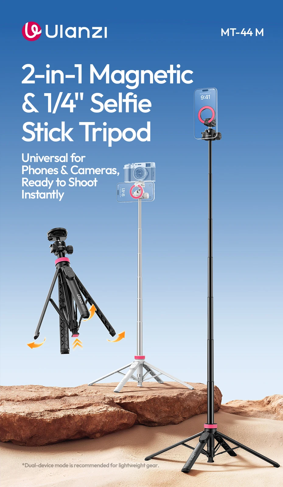 Ulanzi MT-44M Selfie Stick Ground Tripod 1/4''&Magnetic Selfie Stick for Smartphone Camera One-Touch Auto Deploy for Travel