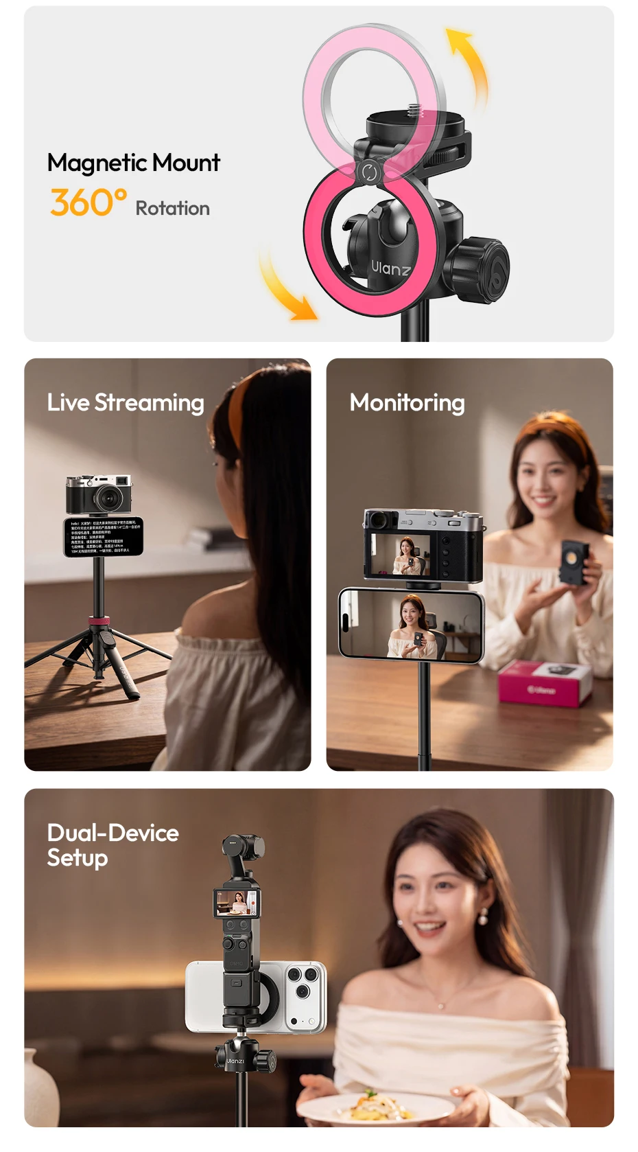 Ulanzi MT-44M Selfie Stick Ground Tripod 1/4''&Magnetic Selfie Stick for Smartphone Camera One-Touch Auto Deploy for Travel