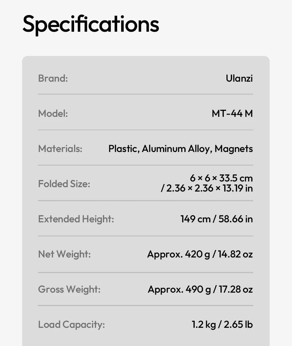 Ulanzi MT-44M Selfie Stick Ground Tripod 1/4''&Magnetic Selfie Stick for Smartphone Camera One-Touch Auto Deploy for Travel
